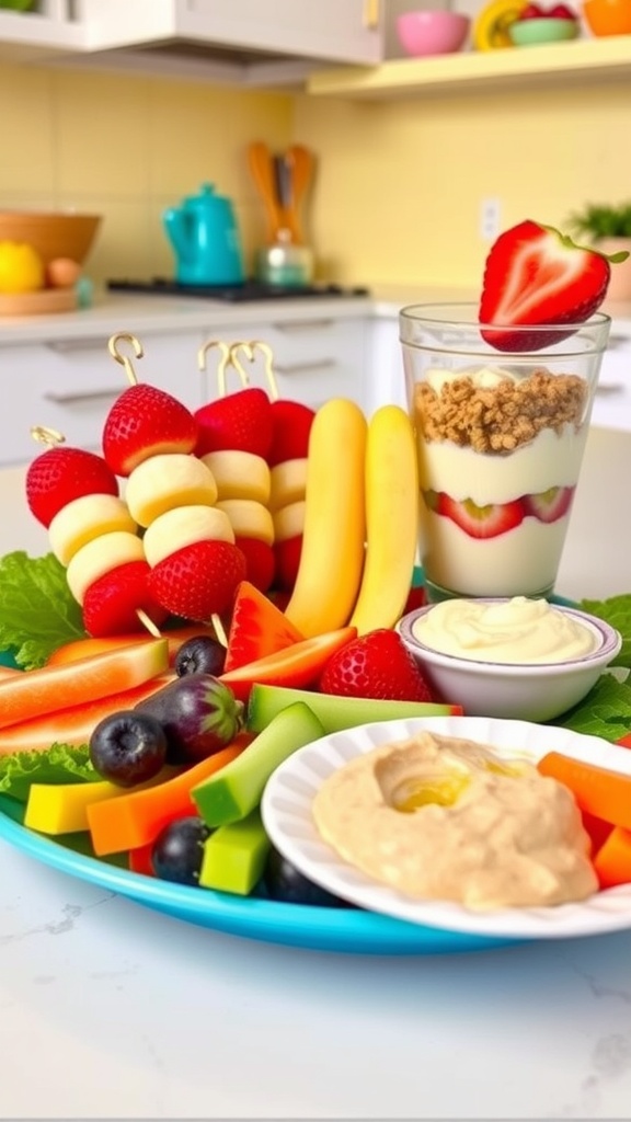 A vibrant assortment of fun snacks for kids, including fruit kabobs, yogurt parfait, and veggie sticks with dip.